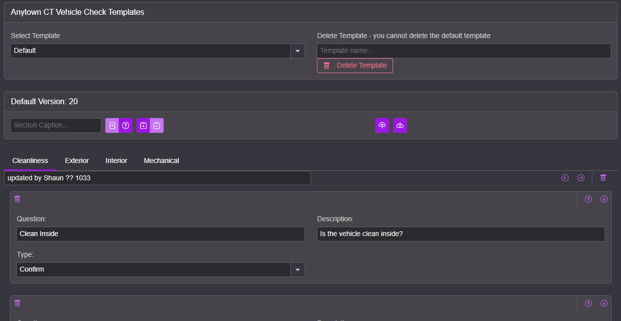 Screenshot of editing vehicle check questionairs