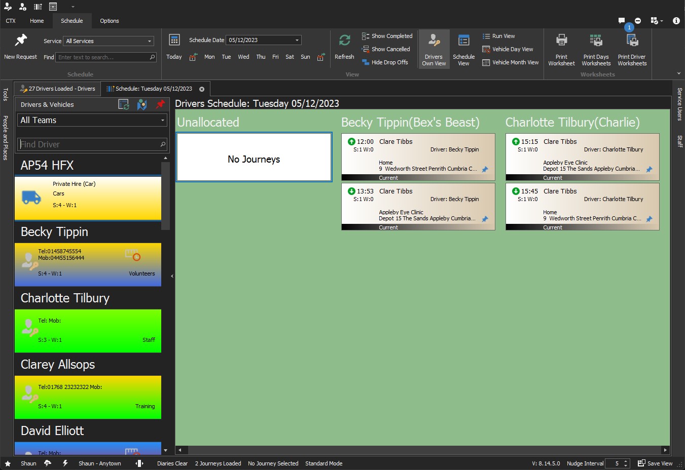 Screenshot of the CTX Application - Drivers Own View